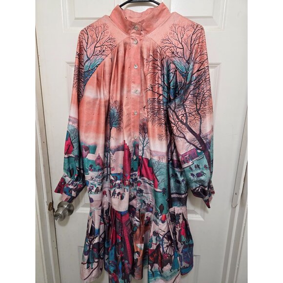 Button-Up Grama Core Plus Size Long-Sleeve Dress Country Winter Scene Print Ple - Picture 12 of 12